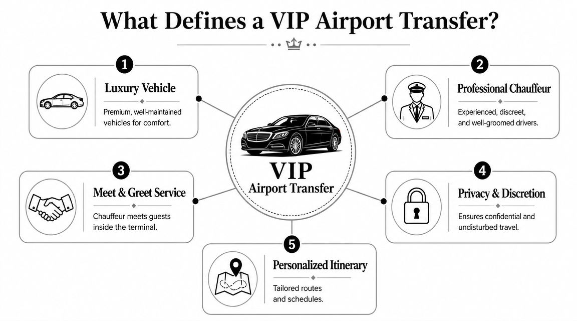 An infographic detailing the five key features that define a premium VIP airport transfer service experience.