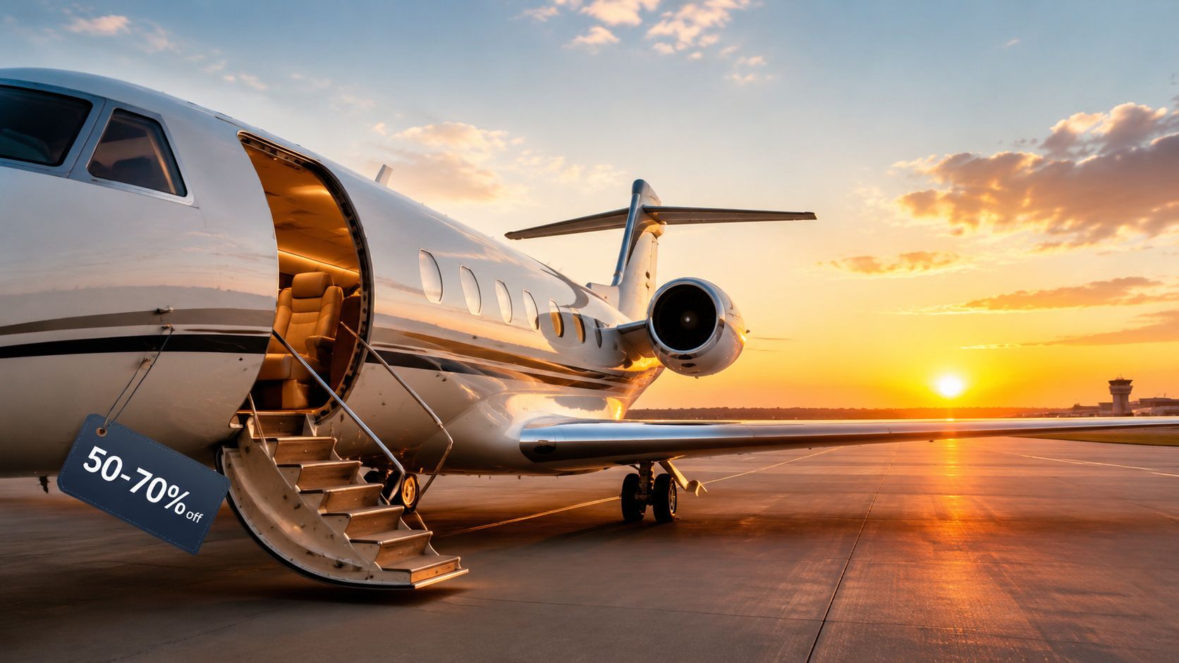 A luxurious private jet parked on an airport tarmac at sunset with a discount sale tag attached.