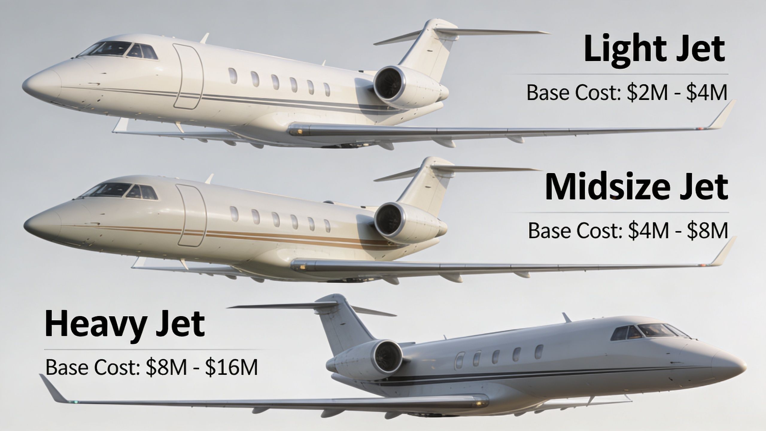 A comparison image showing light, midsize, and heavy private jets with their respective base price ranges.