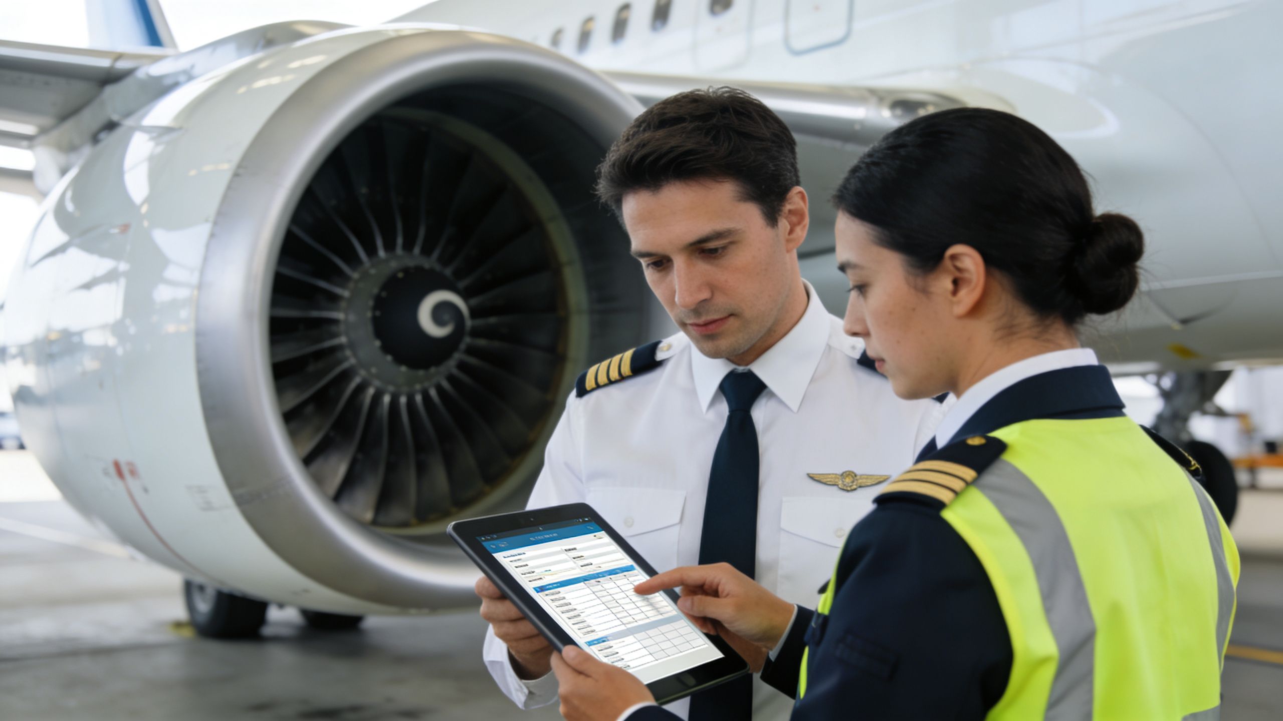 Two airline pilots in uniform checking flight data on a digital tablet in front of a jet engine.