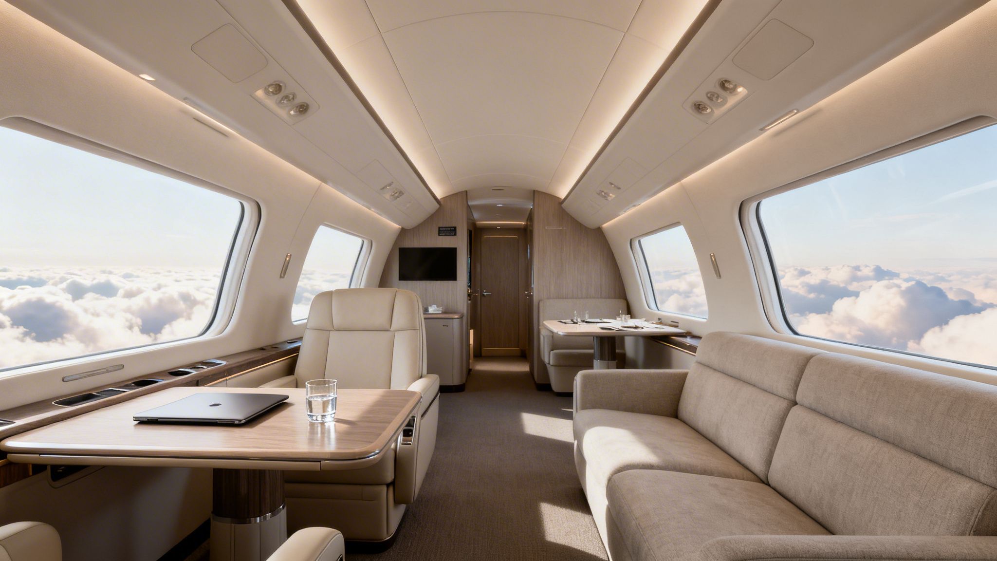 Luxurious private jet interior with comfortable beige seating, wooden tables, a laptop, and large windows revealing clouds.