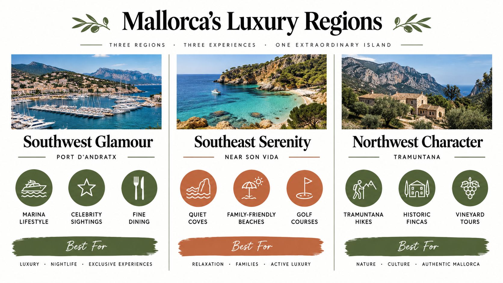A travel infographic showcasing three distinct luxury regions in Mallorca, highlighting local experiences, landmarks, and lifestyle offerings.