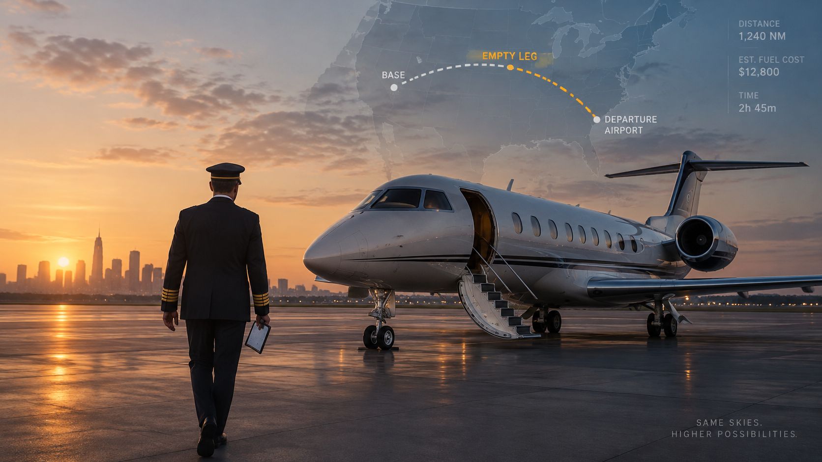 A pilot walking toward a private business jet at sunset with a flight map overlaying the sky.