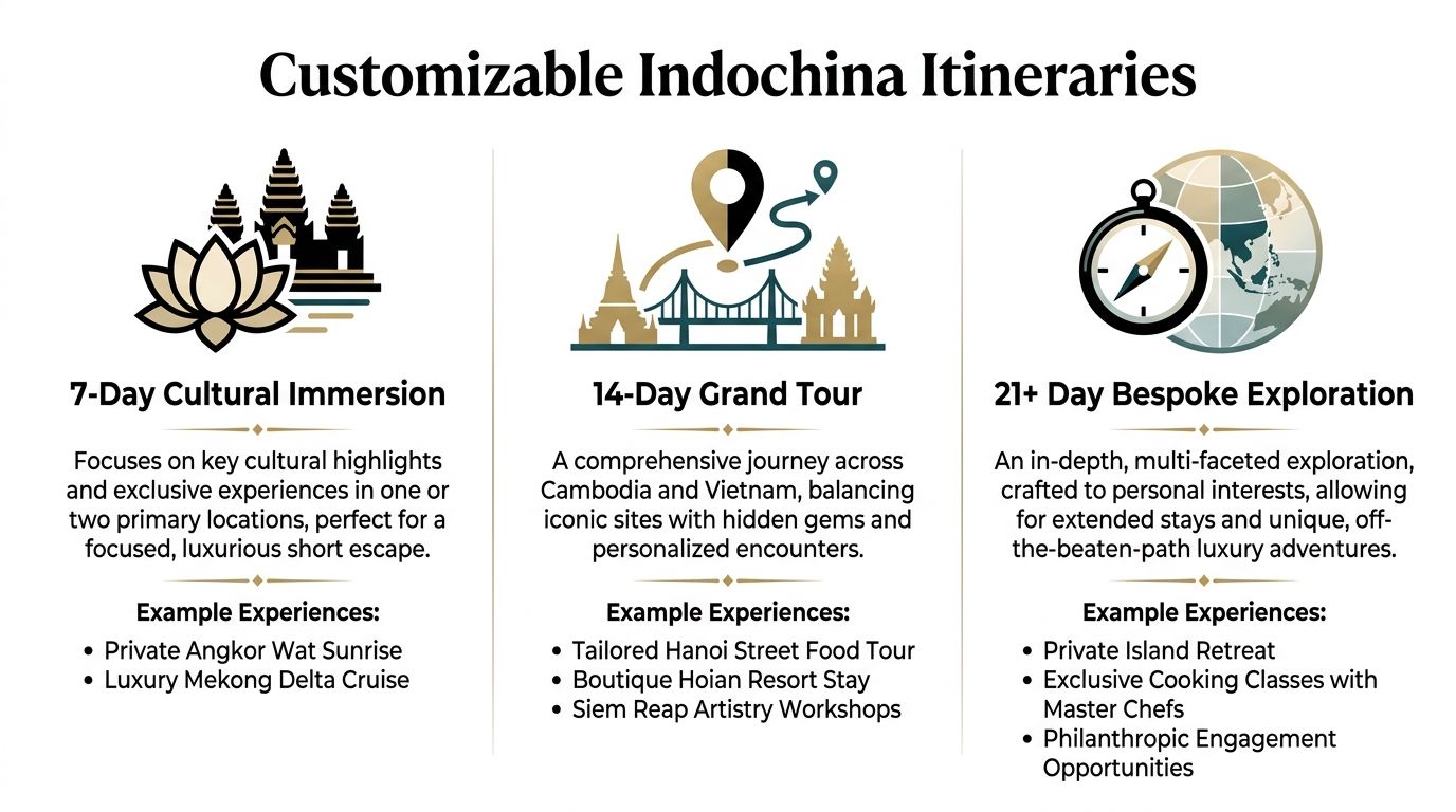A graphic presentation of three customizable Indochina travel itineraries for Vietnam and Cambodia trips.