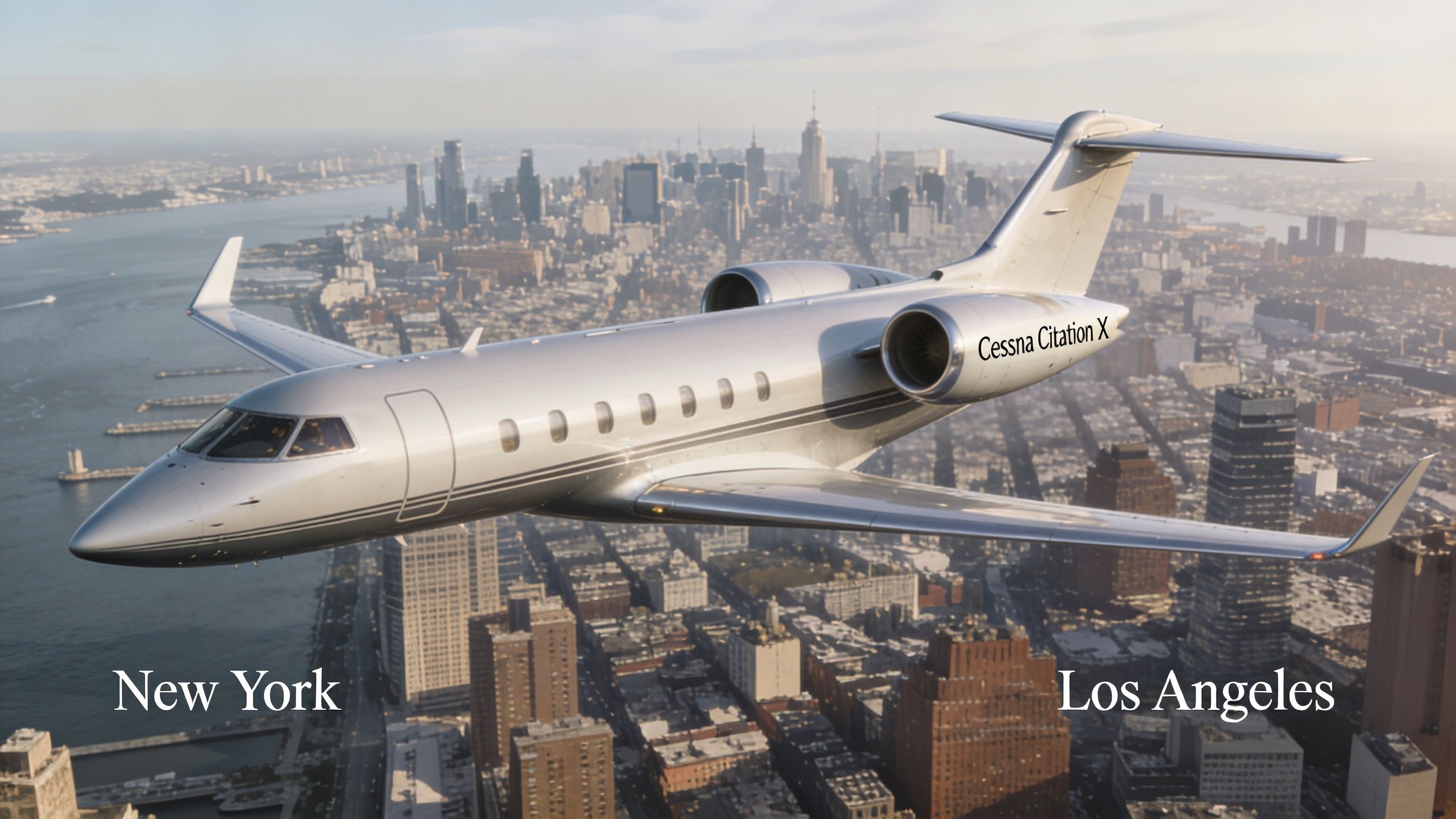 A Cessna Citation X business jet flying high above a sprawling city skyline during the day.
