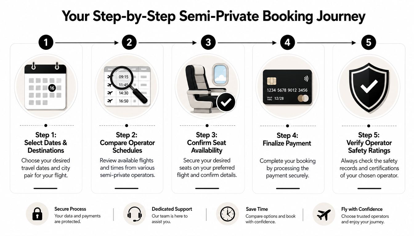 A five-step infographic explaining the semi-private flight booking process from selecting dates to verifying operator safety.