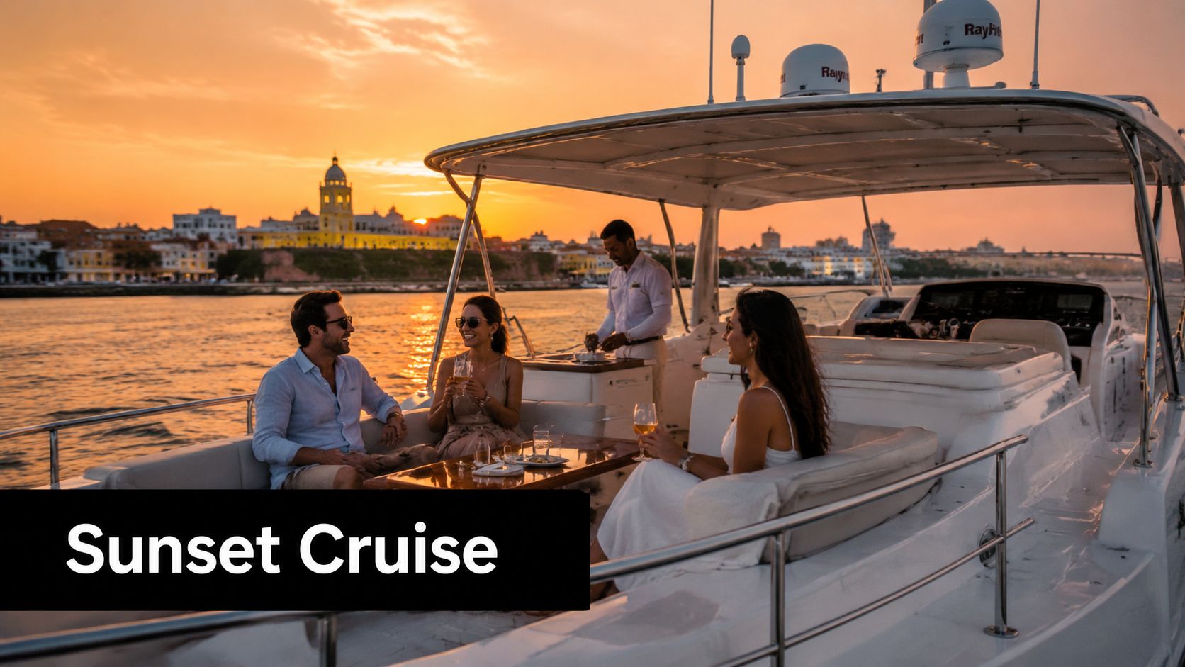 A group of friends enjoying drinks and sunset views while cruising on a private yacht in Cartagena.