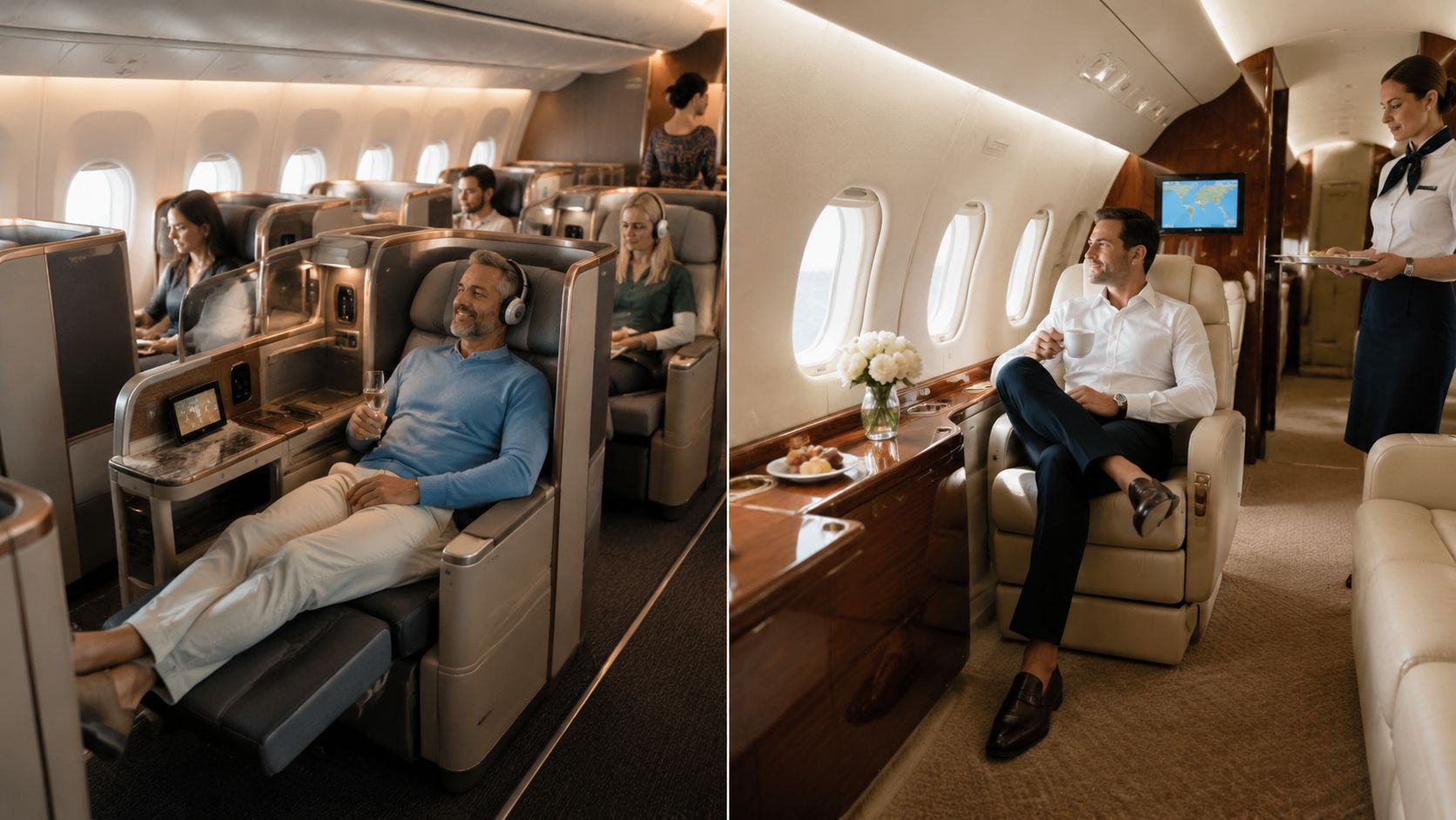A comparison showing a passenger in first class on the left and a luxury private jet cabin on the right.