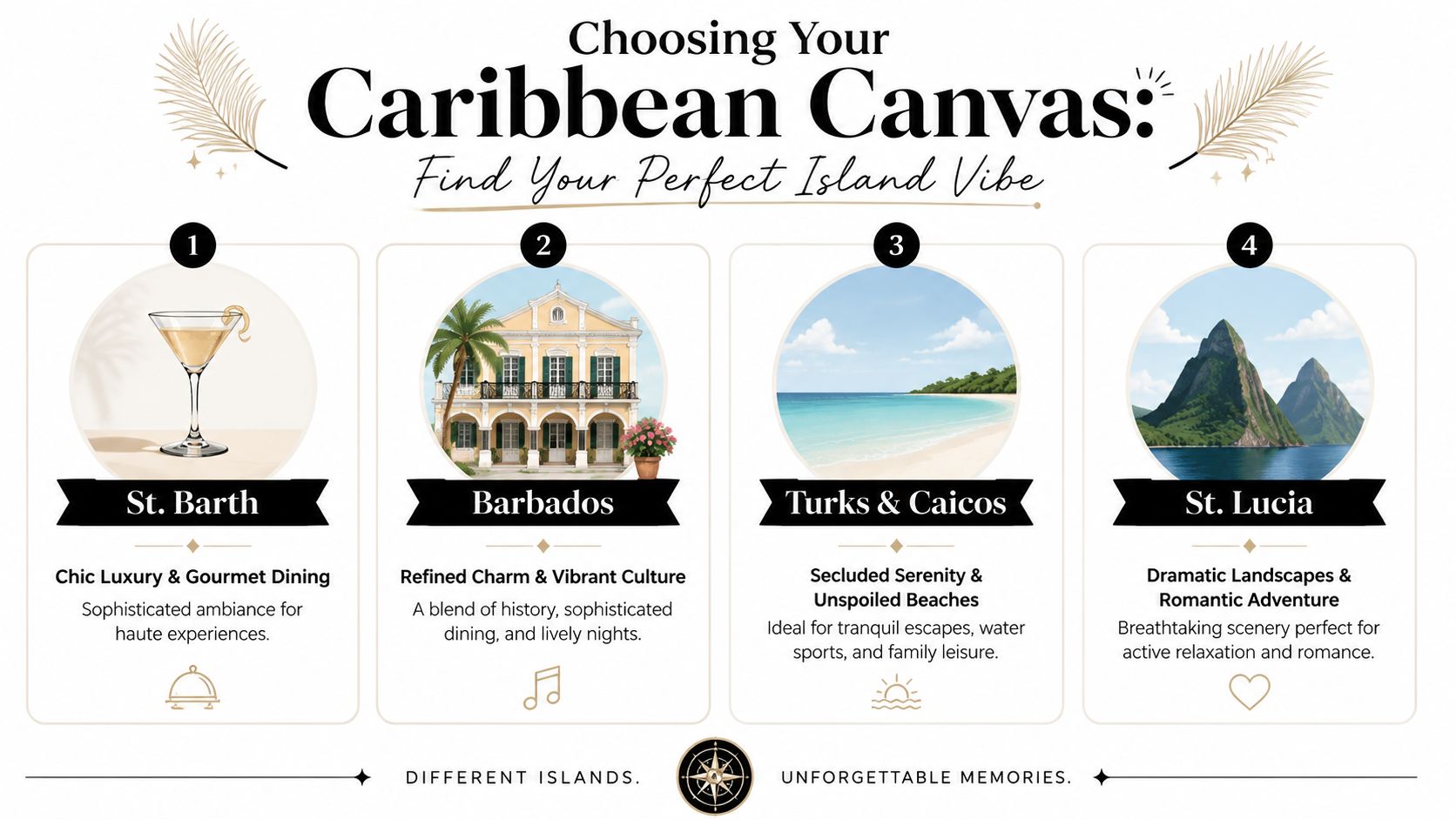 A travel guide graphic highlighting four Caribbean destinations: St. Barth, Barbados, Turks and Caicos, and St. Lucia.
