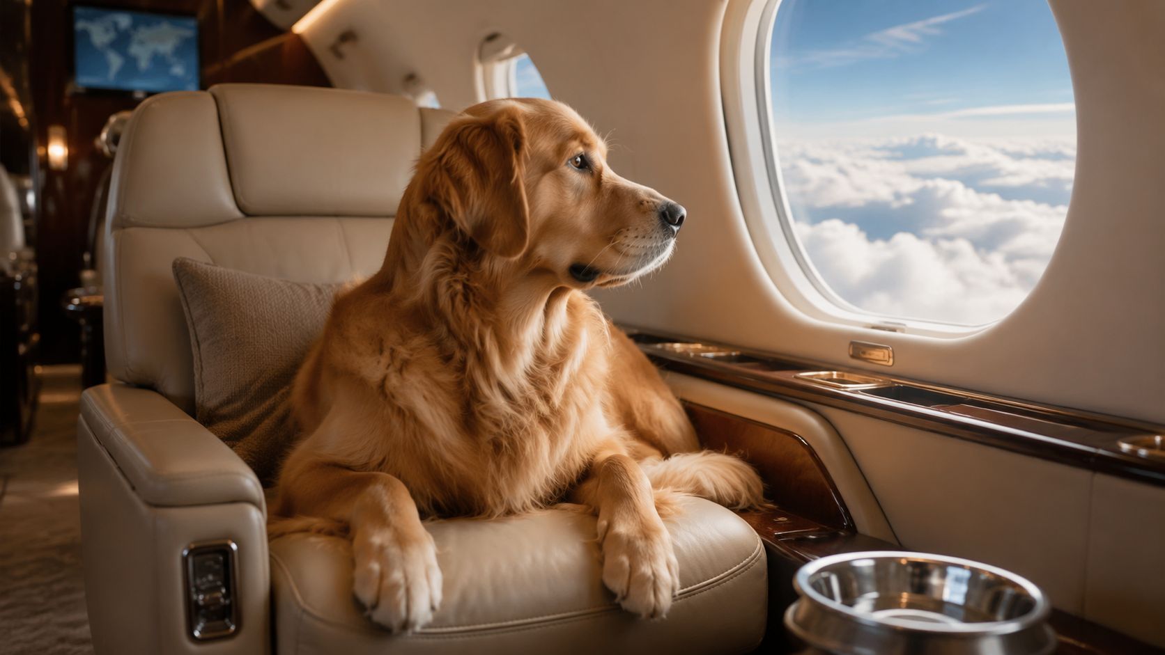 A majestic golden retriever sitting comfortably in a luxury leather seat aboard a private jet cabin.