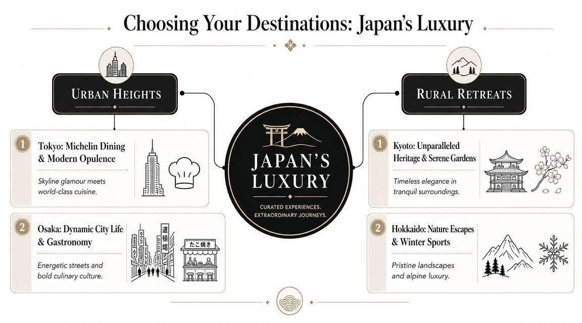 An infographic displaying luxury travel destinations in Japan categorized into Urban Heights and Rural Retreats.