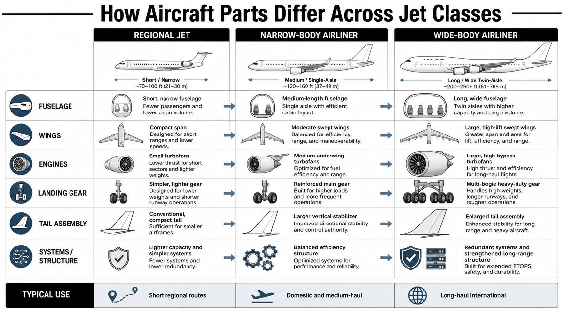 A detailed comparison chart showing differences in components like fuselage, wings, and engines across three jet classes.