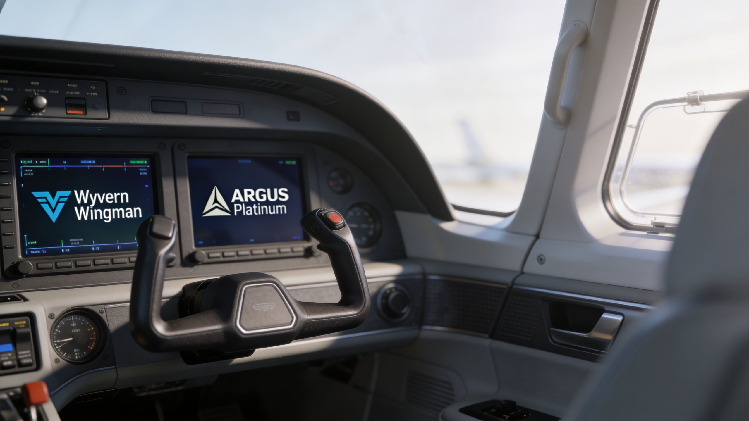 Inside the cockpit of a private jet displaying Argus Platinum and Wyvern Wingman safety ratings on screens.
