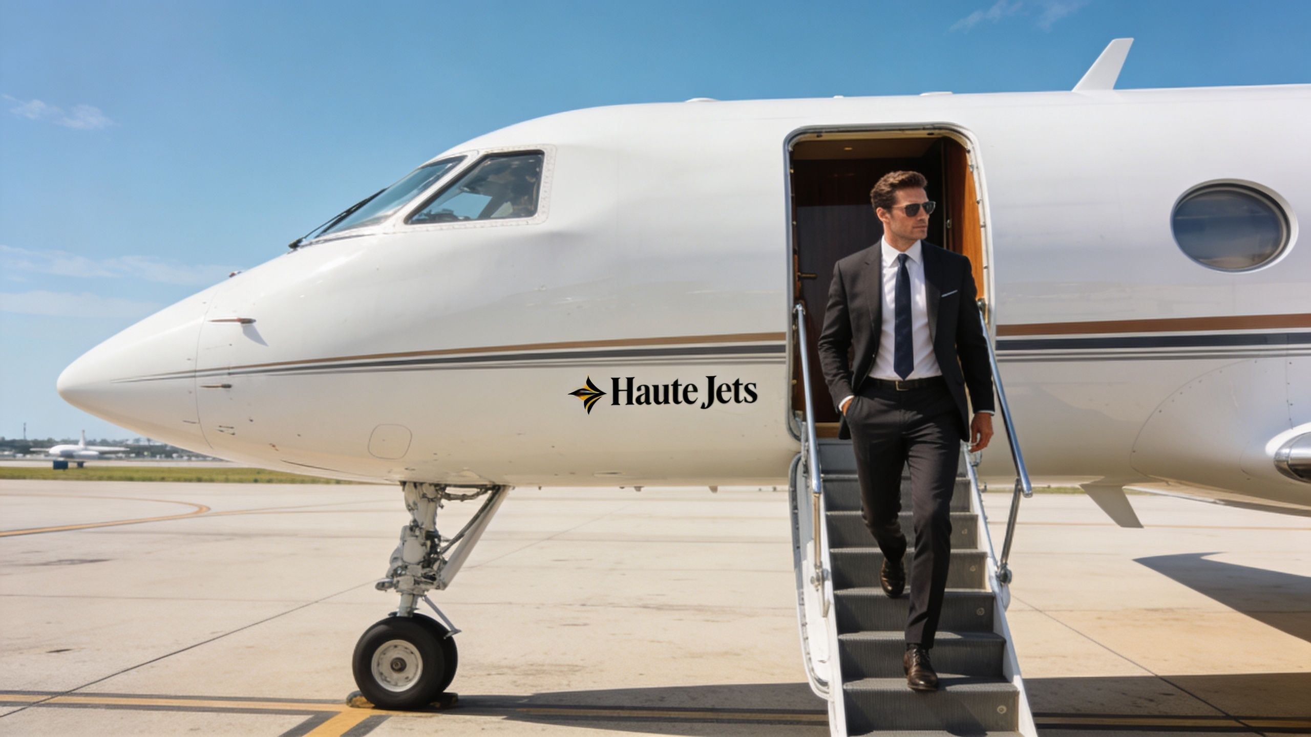 A sophisticated businessman in a black suit exits a luxury private jet on an airport tarmac.