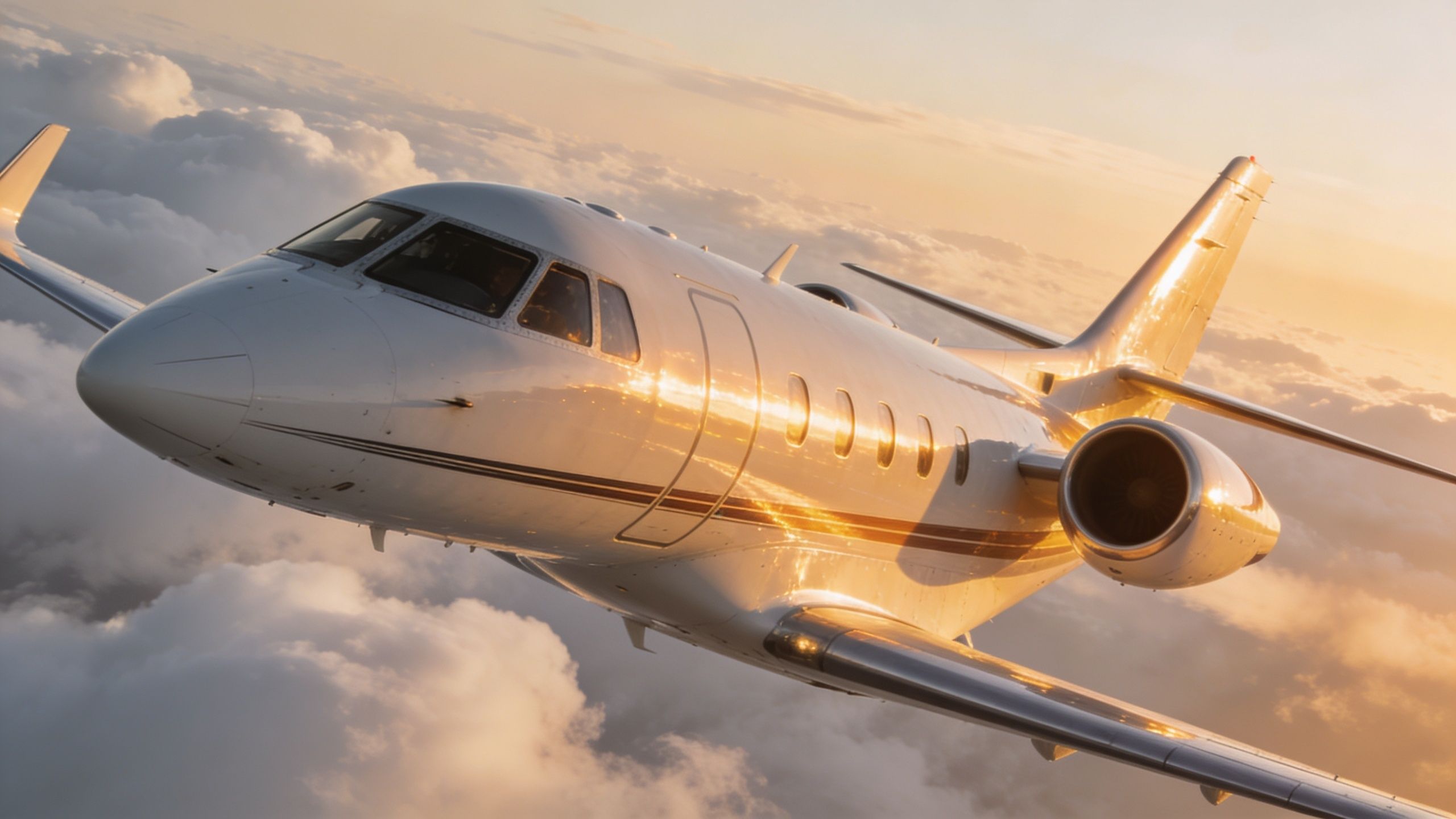 A sleek white private business jet cruising high above a sea of fluffy clouds at sunset.