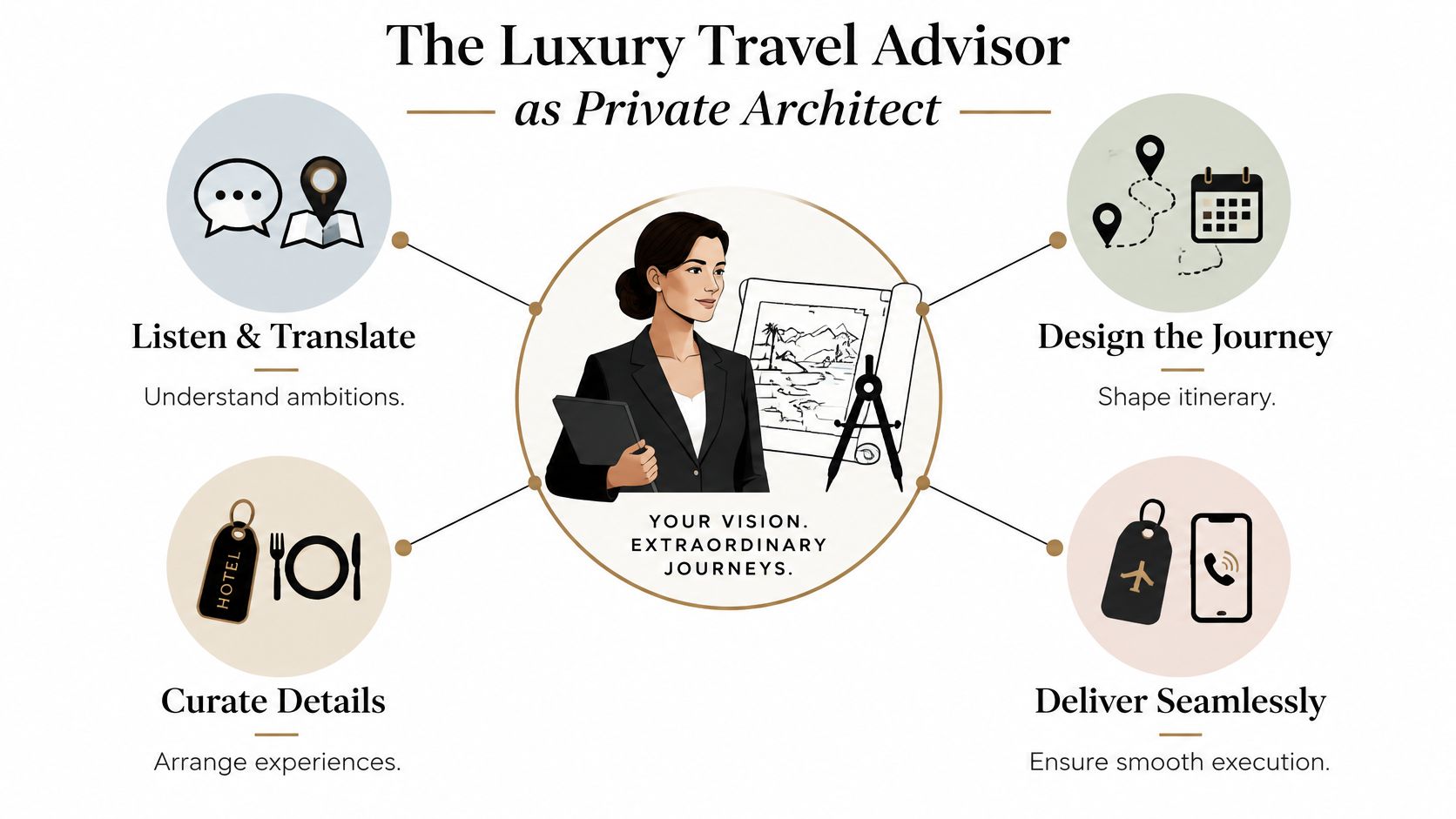 A diagram describing the luxury travel advisor role as a private architect designing extraordinary journeys.