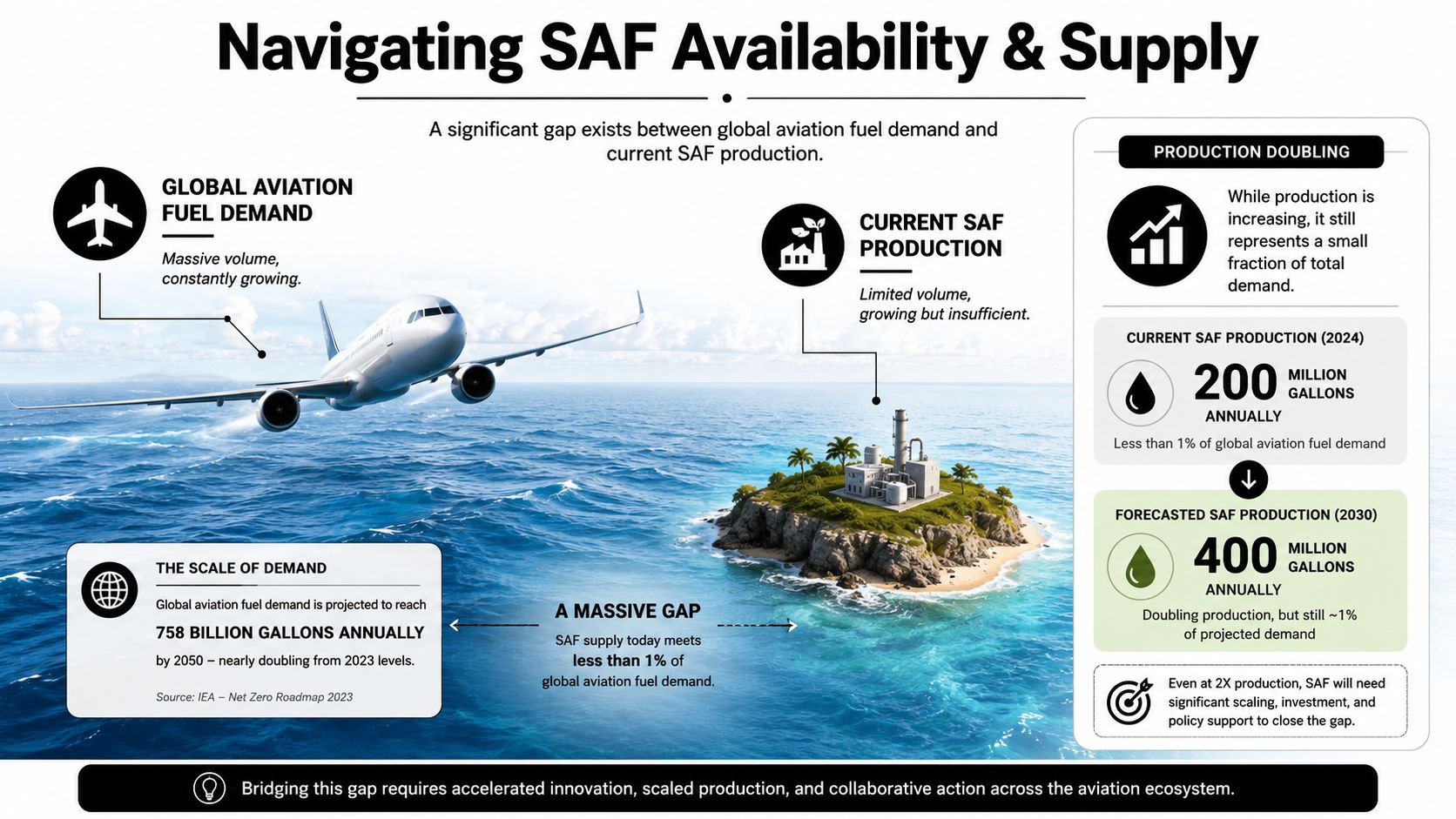 An infographic illustrating the gap between global aviation fuel demand and sustainable aviation fuel production levels.