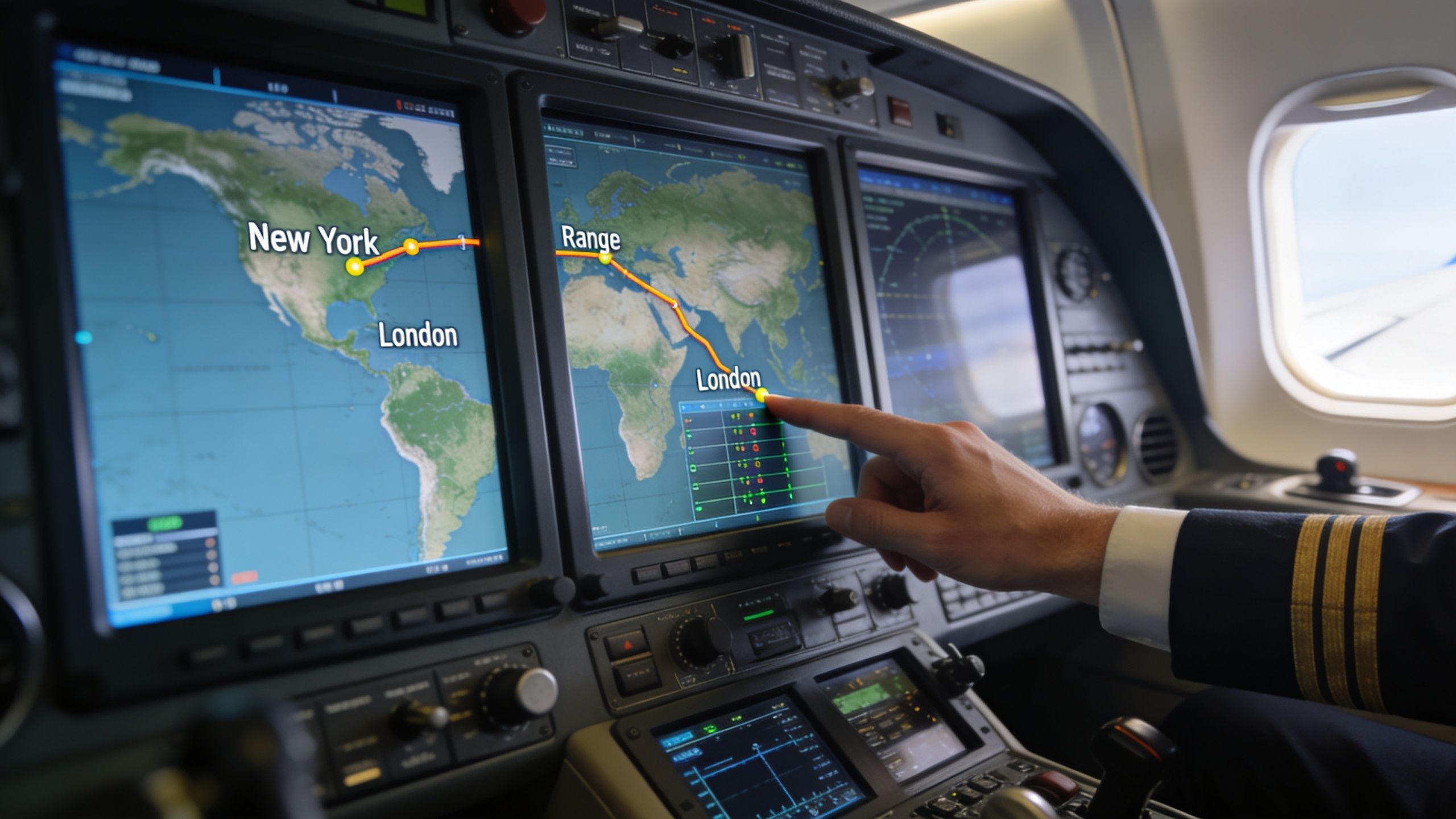 A pilot's hand pointing at a flight map on an airplane cockpit dashboard showing international routes.