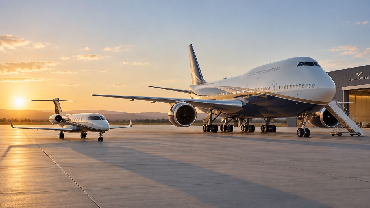 A large commercial aircraft and a smaller private jet parked on an airport tarmac at sunrise.