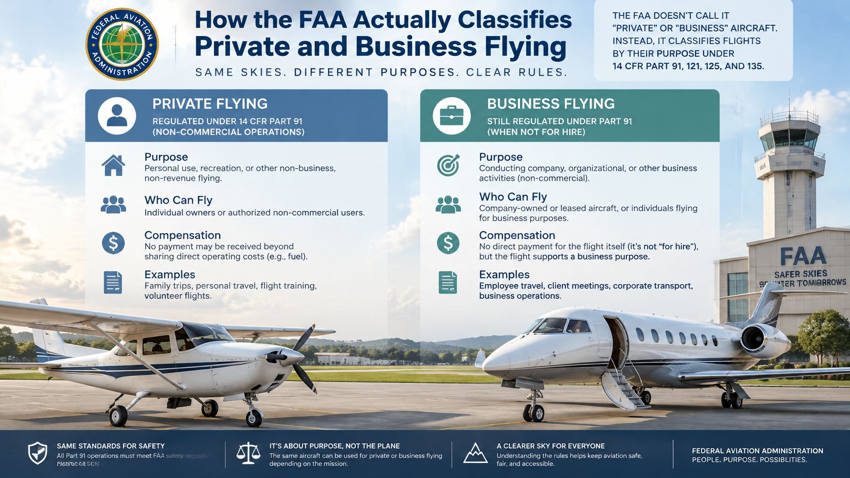 An infographic by the FAA explaining the distinction between private and business aviation flight classifications.