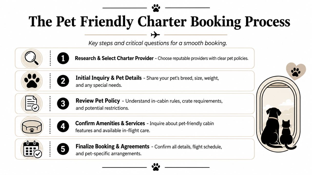An infographic showing the five steps of the pet friendly charter flight booking process with illustrated icons.