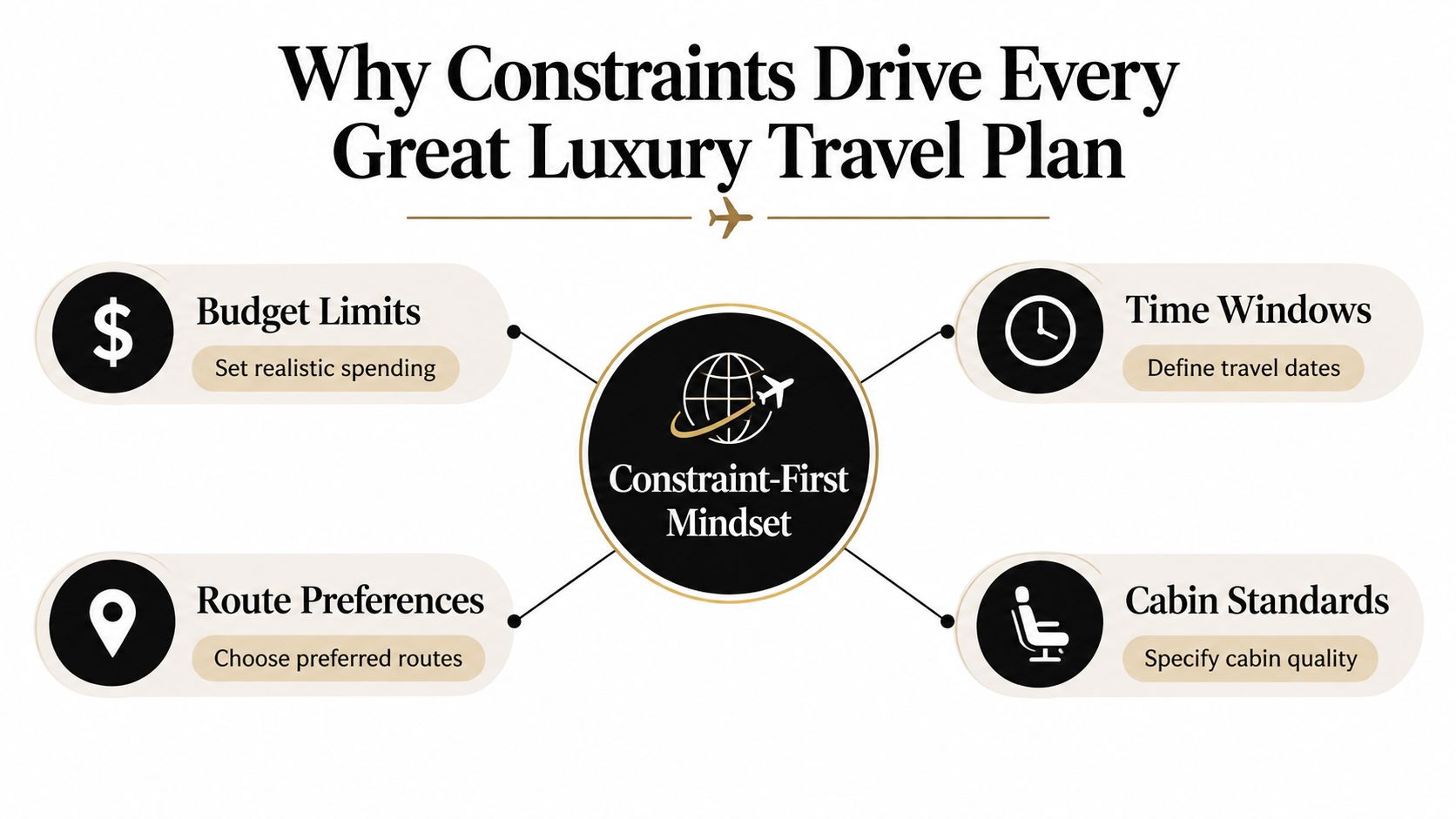 A diagram illustrating the Constraint-First Mindset for planning luxury travel, focusing on budget, time, routes, and cabins.