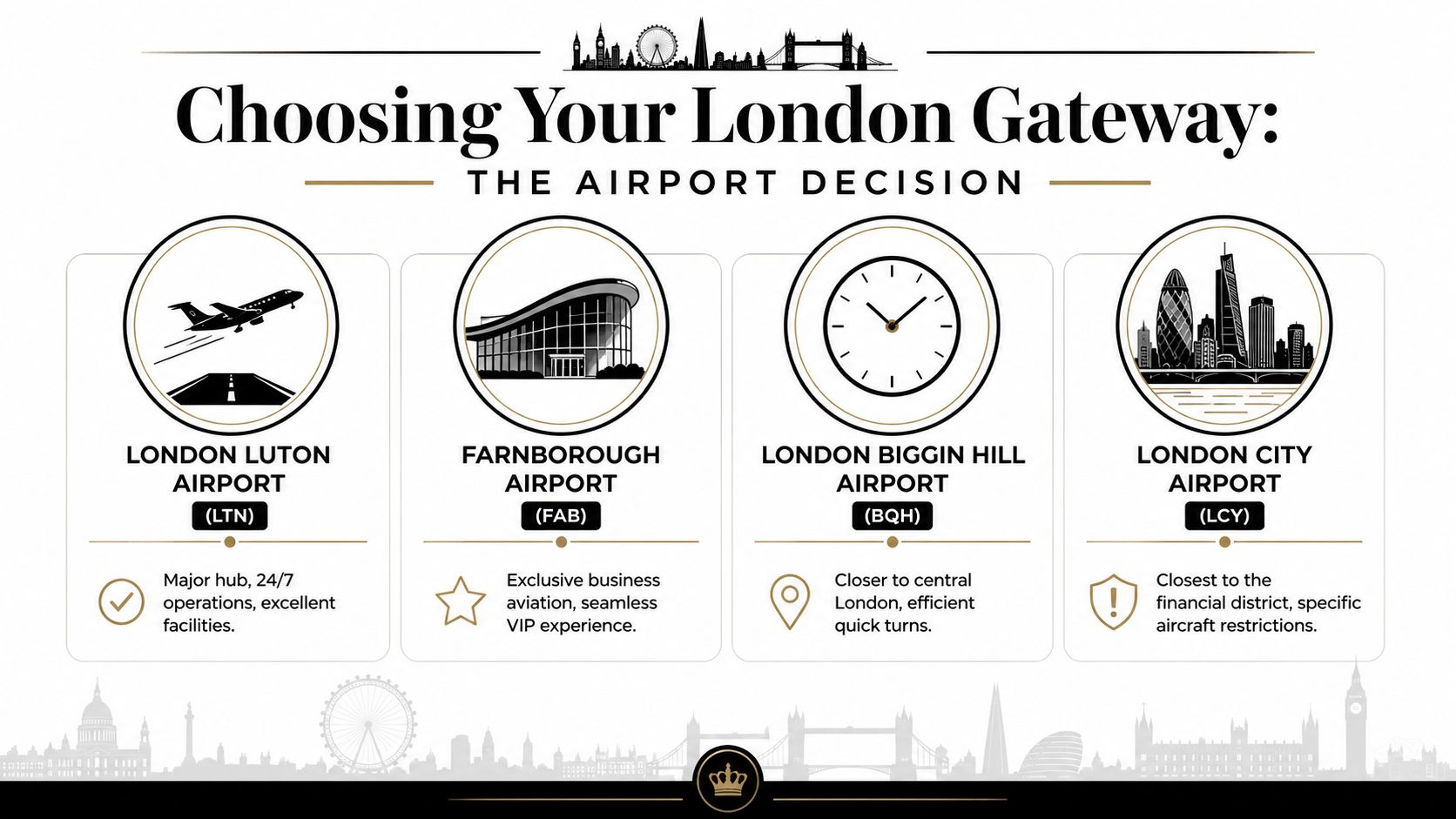 A guide comparing major London airports for private jet travel, including Luton, Farnborough, Biggin Hill, and City.