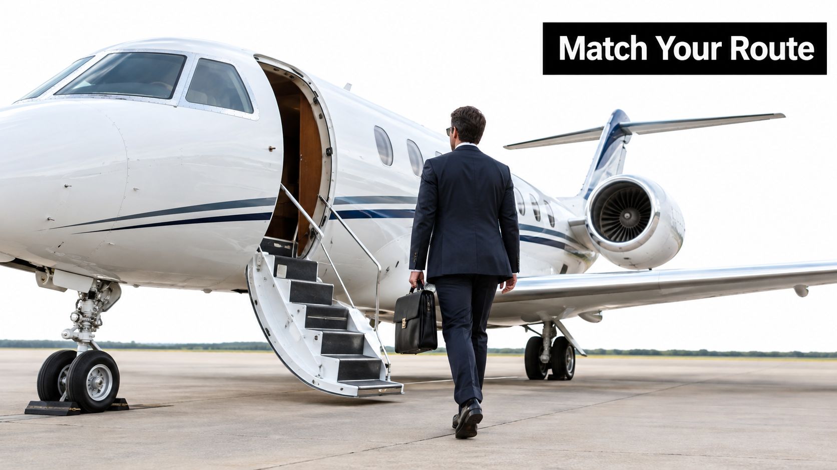 A businessman in a suit carries a briefcase while walking toward a private jet parked on tarmac.