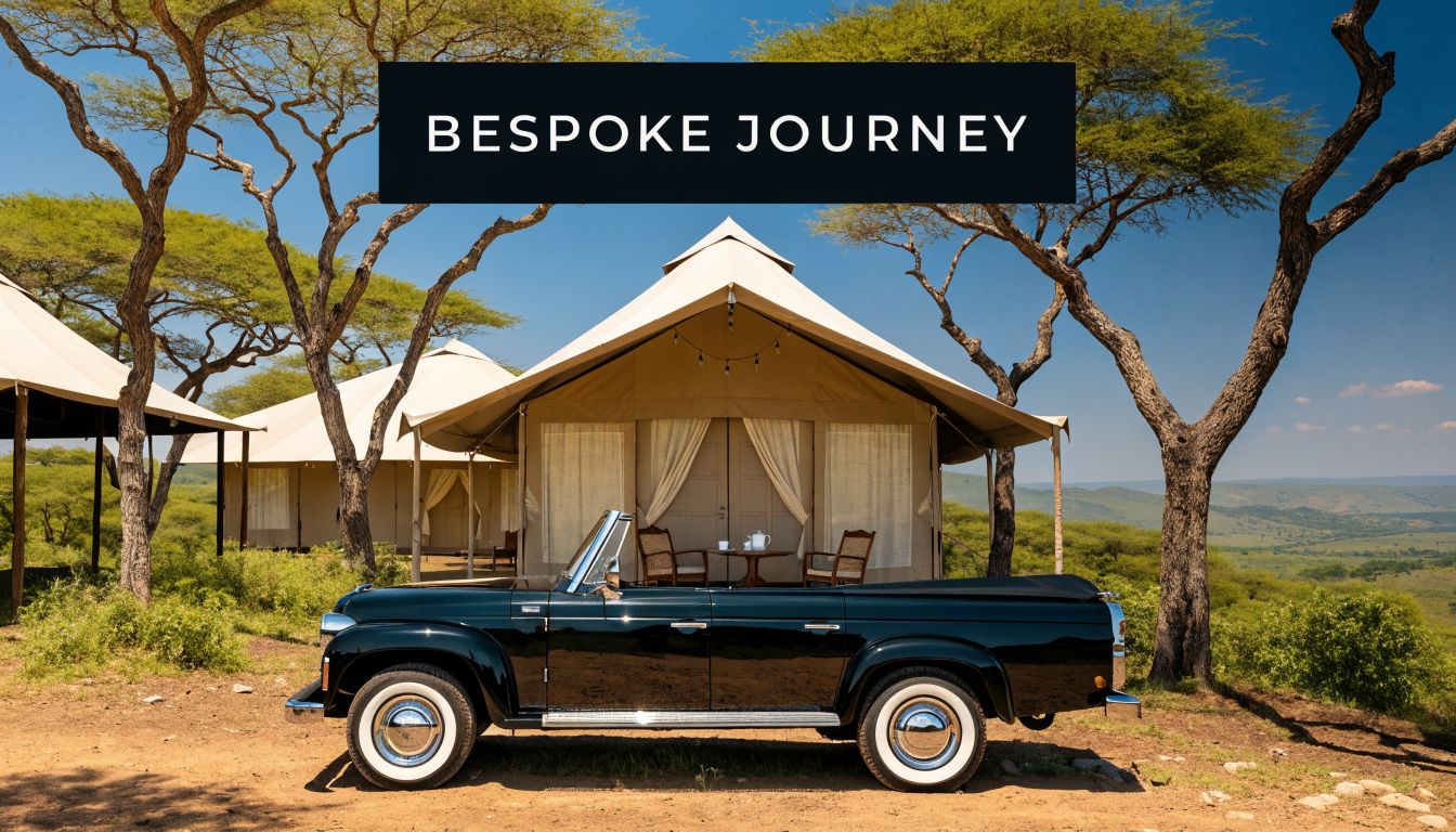 A luxurious vintage convertible car parked in front of safari tents in a scenic African landscape.