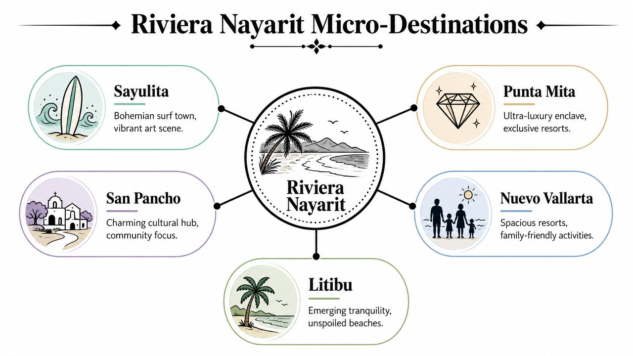 A map showing Riviera Nayarit micro-destinations including Sayulita, Punta Mita, San Pancho, Nuevo Vallarta, and Litibu.