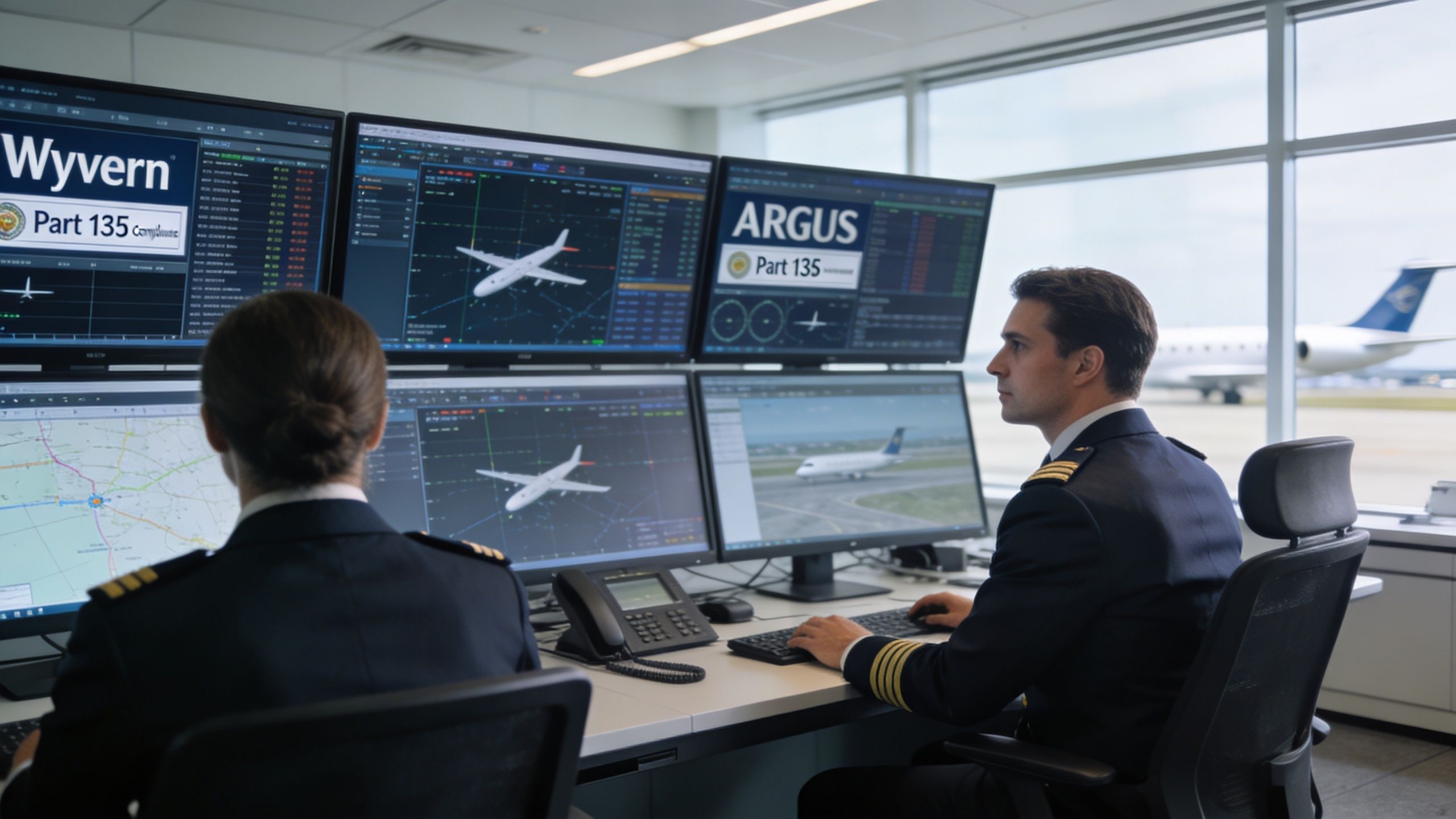 Two pilots in uniforms monitoring flight data and aircraft tracking software in a modern aviation operations center.