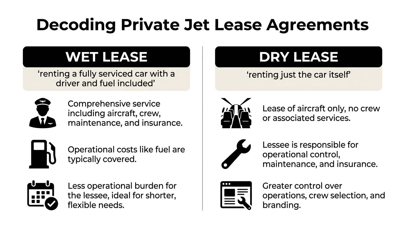A comparison infographic between wet lease and dry lease agreements for private jet aviation services.