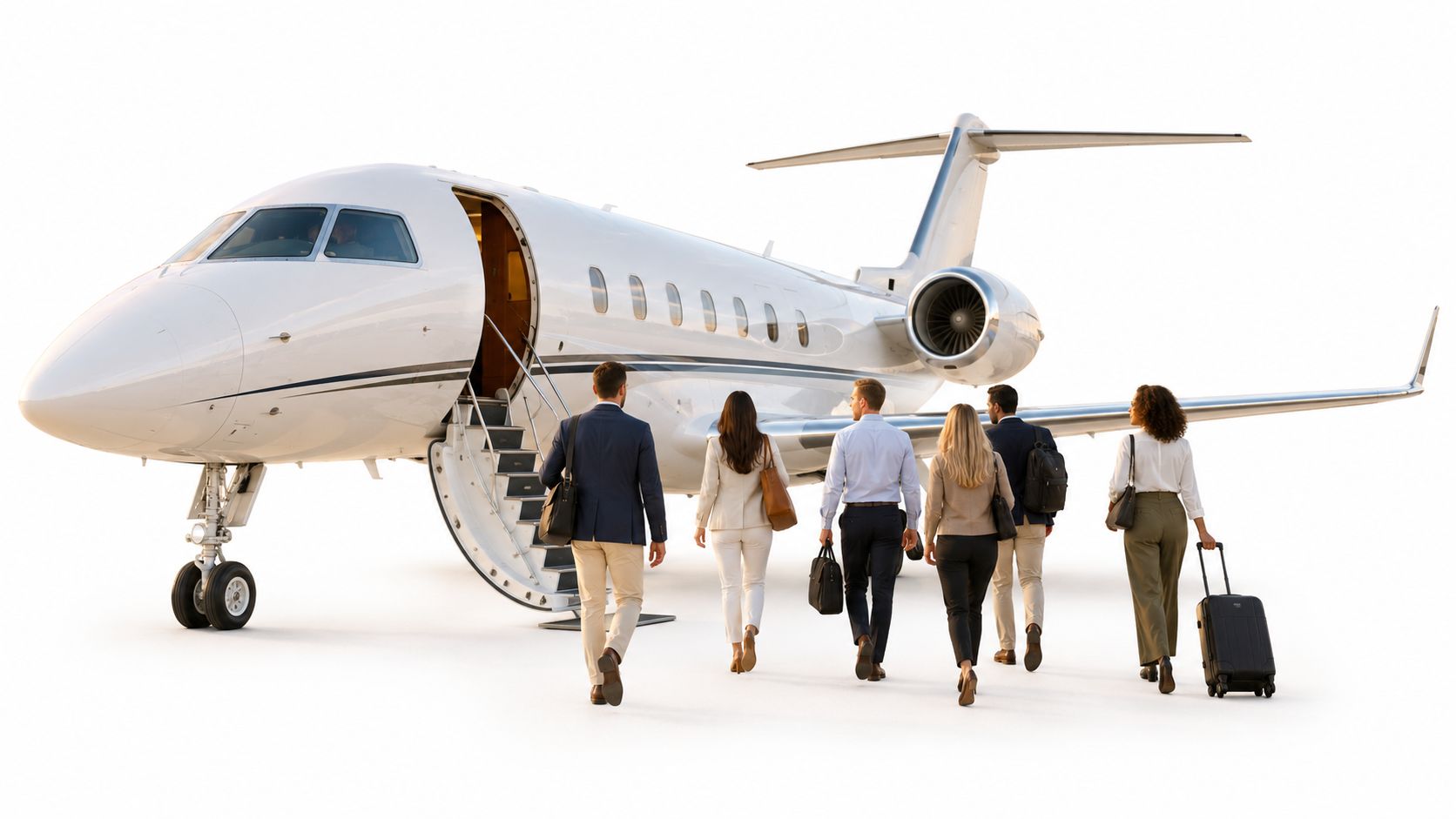 A group of professionals in business attire walking towards a private jet parked on the tarmac.