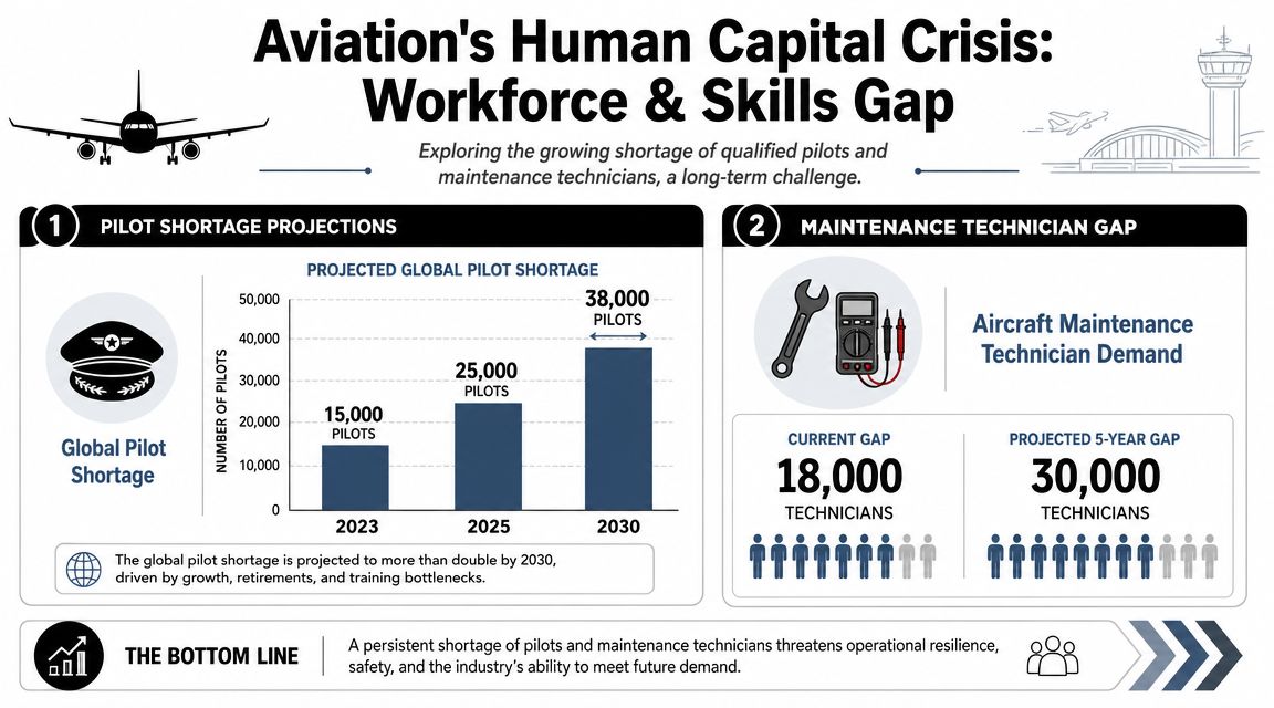 An infographic showing the projected global shortage of pilots and aircraft maintenance technicians by the year 2030.
