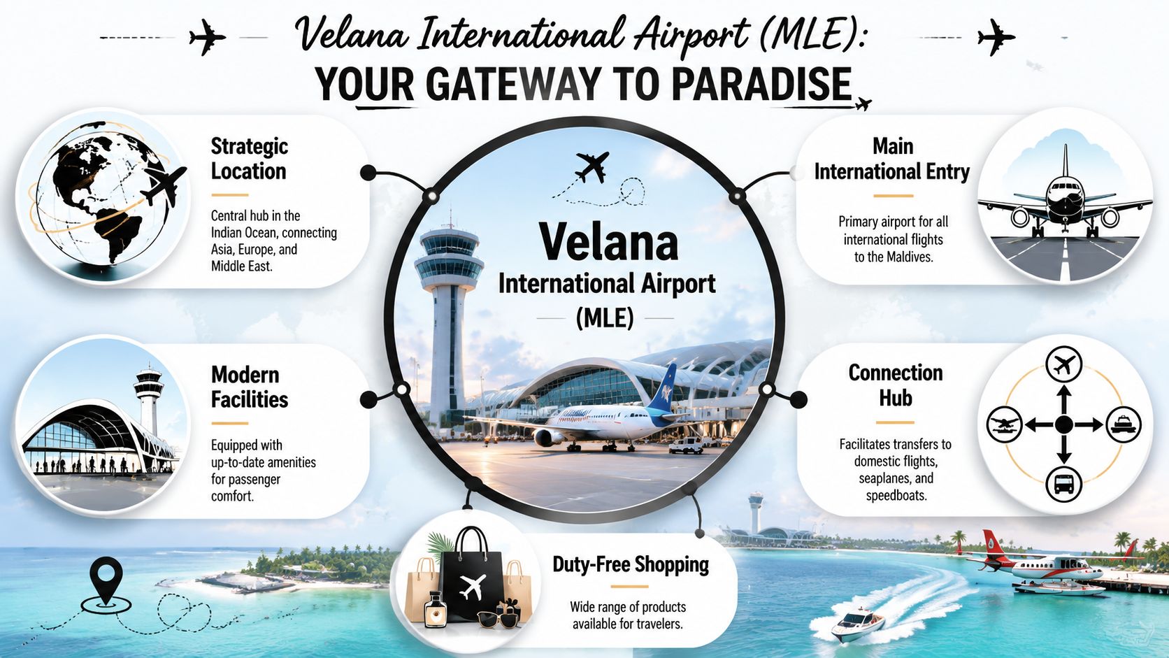 An infographic detailing Velana International Airport in the Maldives, highlighting its location, facilities, and transport connections.