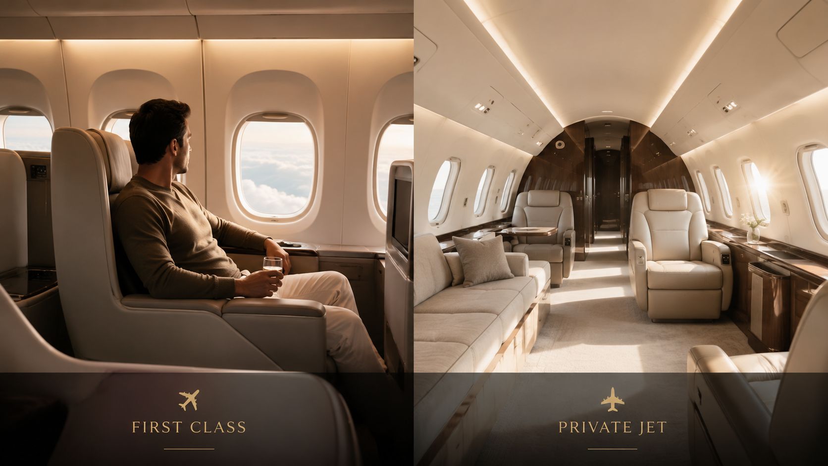A split image comparing a passenger sitting in a first-class airplane cabin and a luxurious private jet interior.