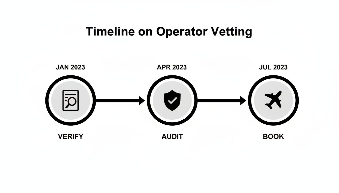 Timeline showing operator vetting steps: Verify (Jan 2023), Audit (Apr 2023), and Book (Jul 2023).