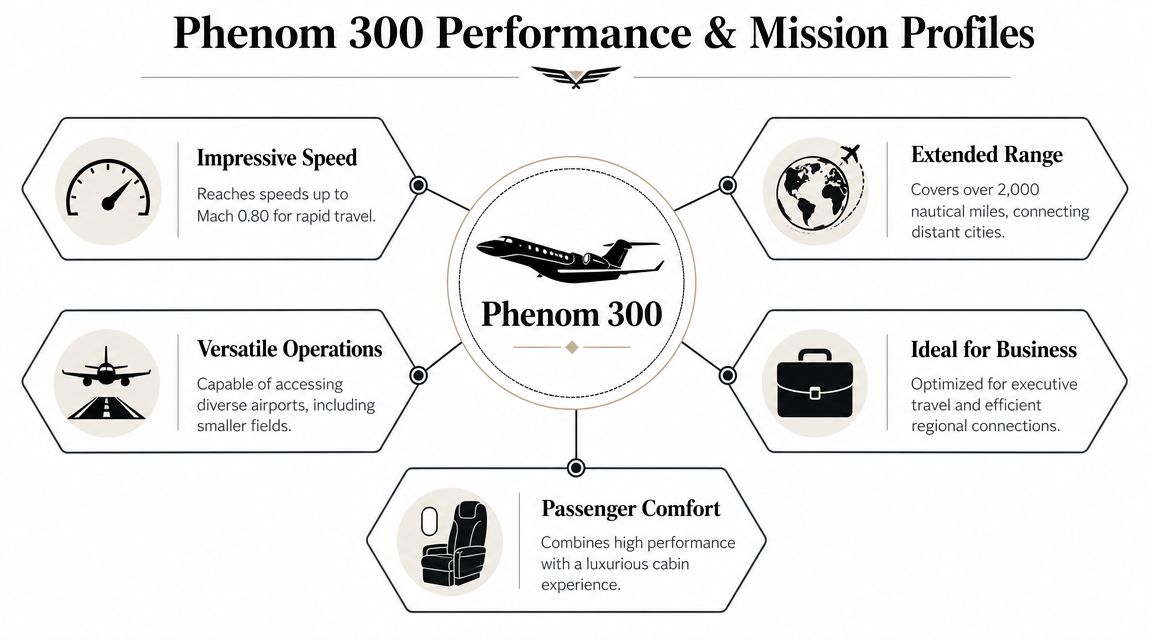 An infographic detailing the Phenom 300 aircraft's performance, range, versatility, business suitability, and passenger comfort features.
