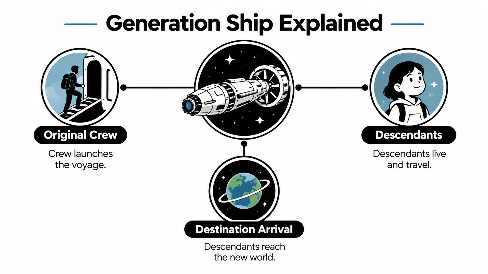 A diagram explaining a generation ship with the original crew, traveling descendants, and reaching a destination.