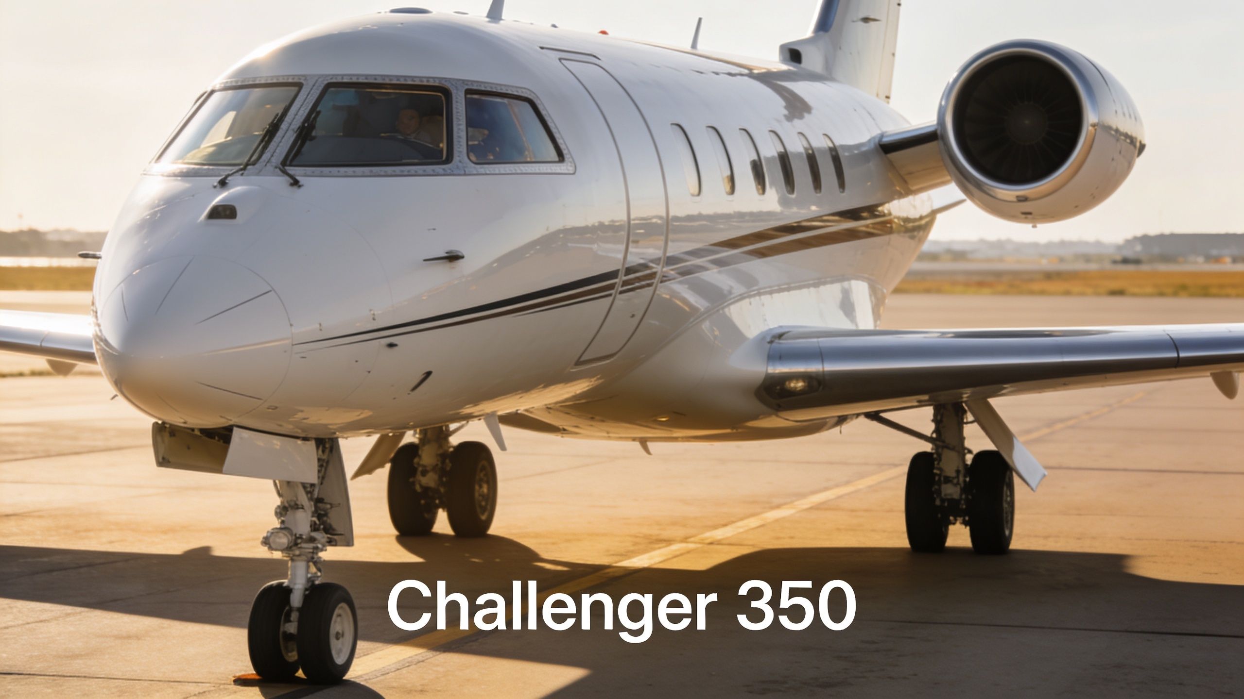 A Bombardier Challenger 350 business jet parked on the tarmac at an airport during sunset hours.
