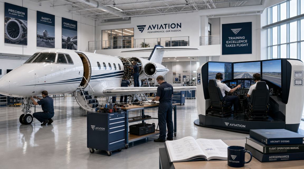 Aviation technicians servicing a private jet inside a hangar next to a pilot flight training simulator.