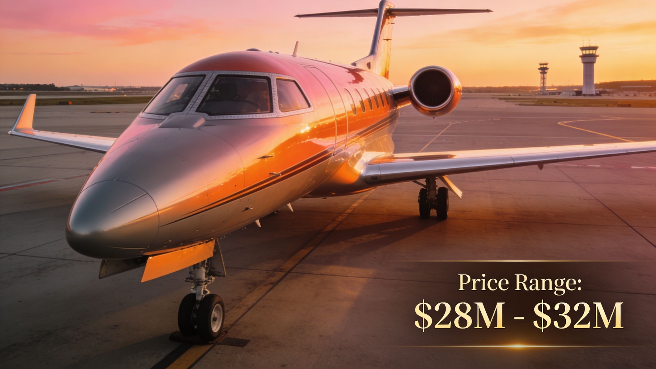 A luxurious private jet parked on an airport tarmac at sunset with a displayed price range.