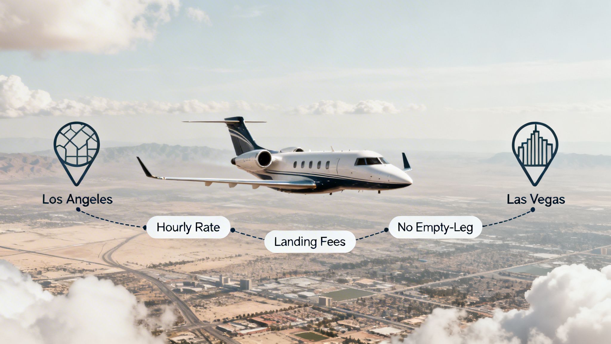 A private jet flies between Los Angeles and Las Vegas, illustrating hourly rates, landing fees, and no empty-leg benefits.