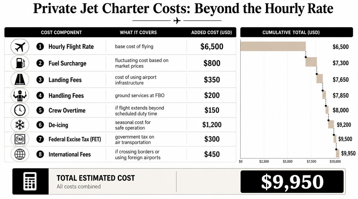 A chart detailing the various cost components associated with private jet chartering beyond the hourly flight rate.
