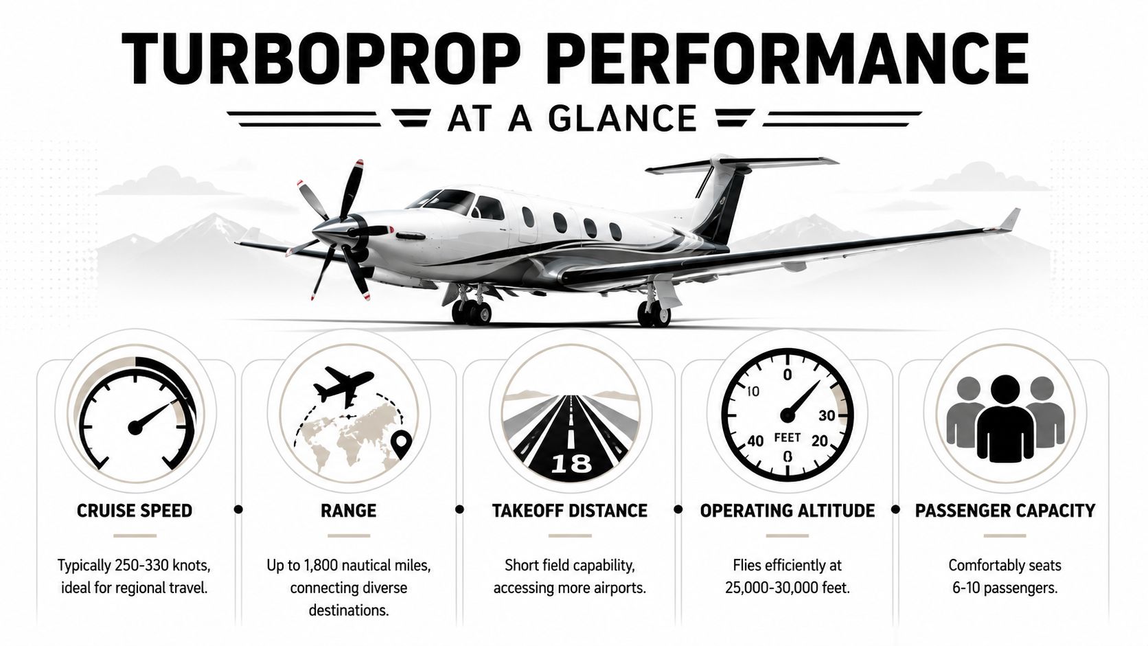 An infographic summarizing turboprop aircraft performance, covering speed, range, runway requirements, altitude, and seating capacity specifications.