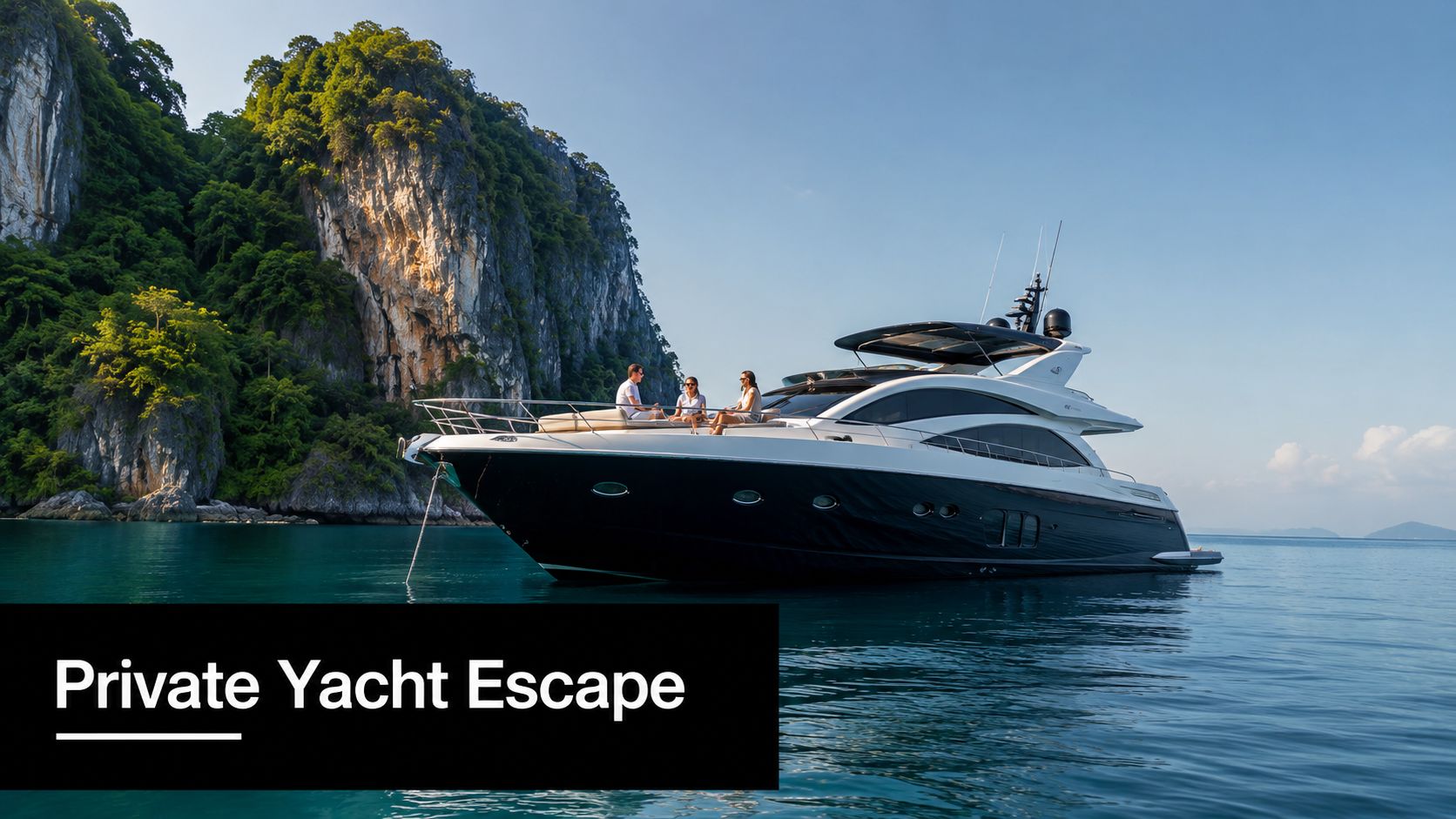A luxury private yacht anchored in calm turquoise waters near steep limestone cliffs in Thailand.