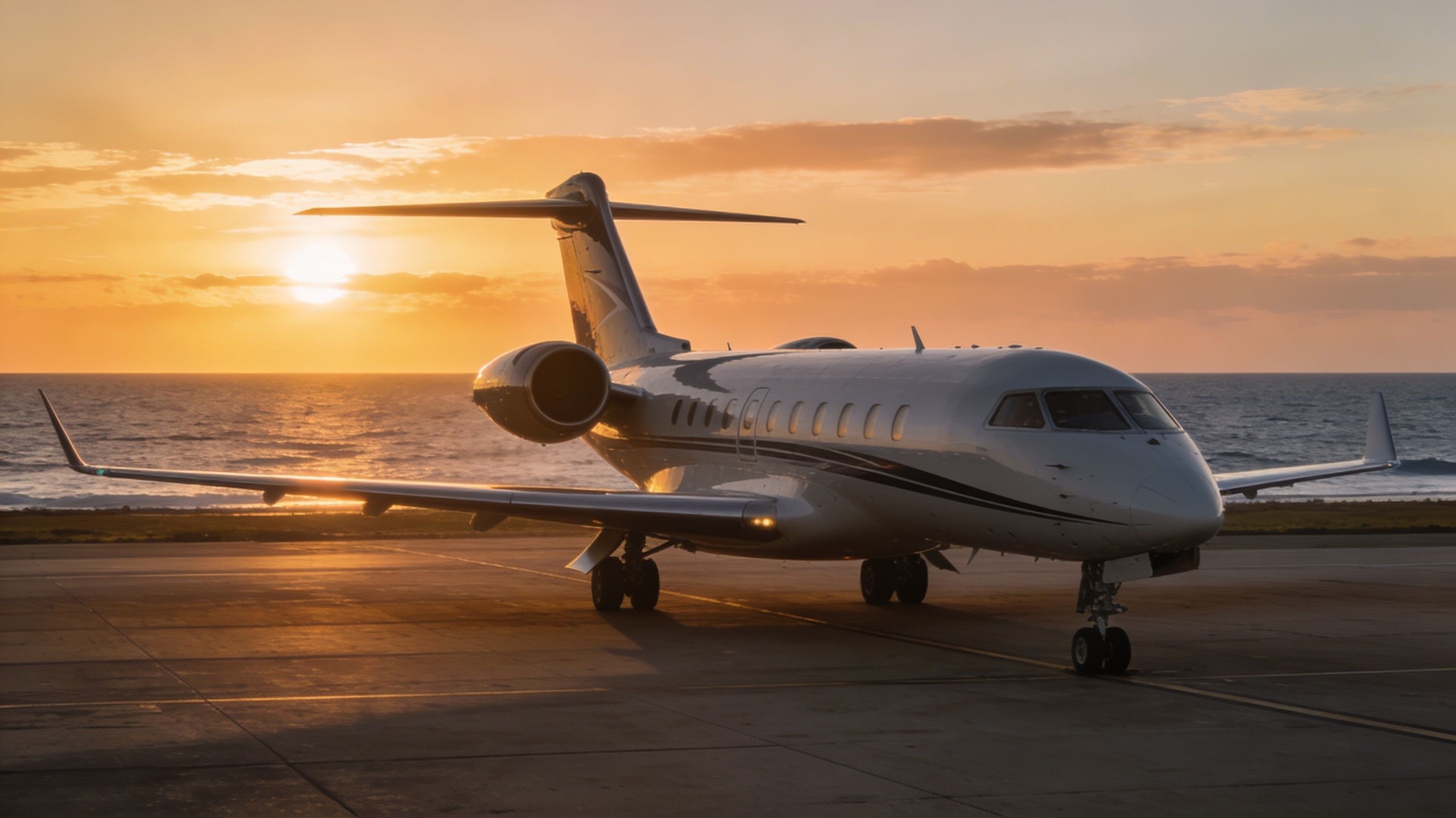 A luxurious private jet parked on an airport tarmac during a scenic golden hour sunset near the ocean.