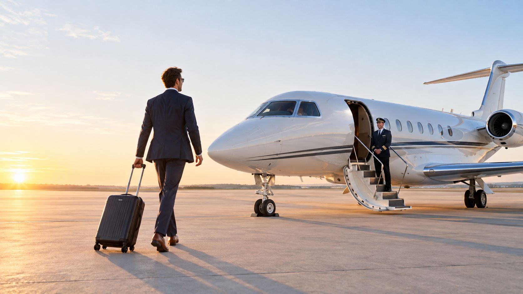 A businessman in a suit walks toward a private jet with his luggage at sunrise.