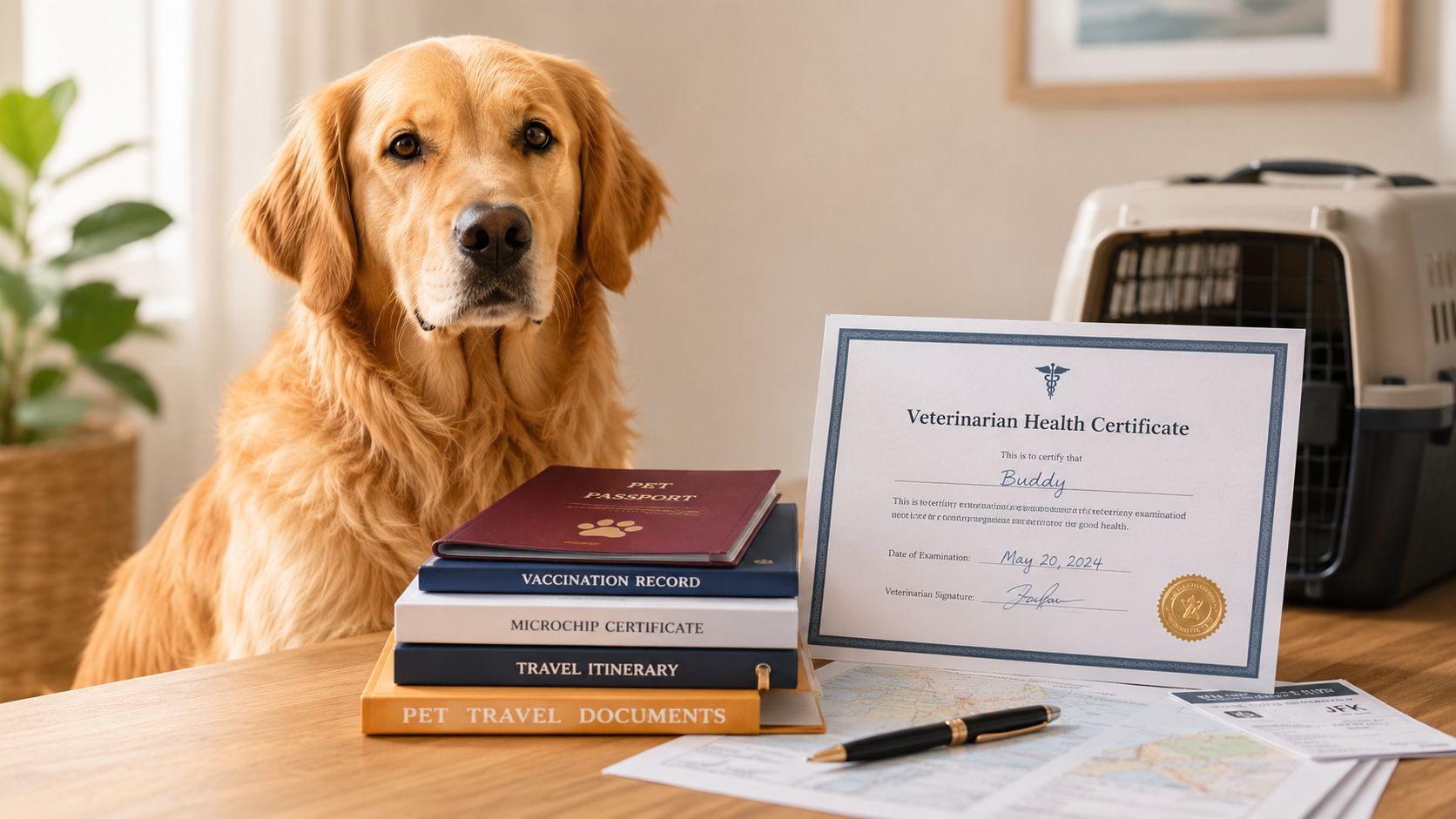 A golden retriever sitting at a desk next to travel documents and a veterinarian health certificate.