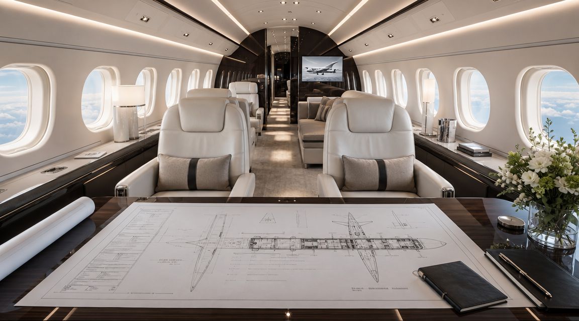 Luxurious private jet interior featuring a desk with airplane blueprints, leather seats, and a view of clouds.